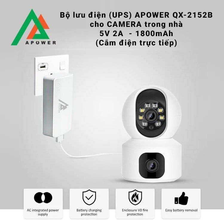 UPS APOWER QX2152B, bộ lưu điện thông minh 5V 2A, pin 1800mAh, bảo vệ camera giám sát khi mất điện, cắm trực tiếp tiện dụng, hoạt động ổn định cho nhà và văn phòng