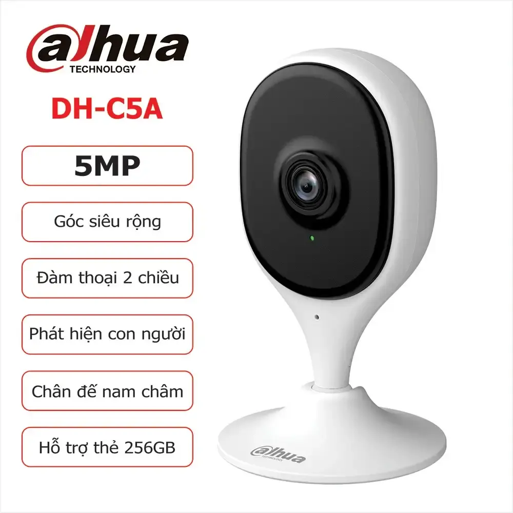 Dahua DH-C5A Camera Wifi 5MP, công nghệ H.265 tiết kiệm lưu trữ, Auto Tracking AI, đàm thoại hai chiều, góc nhìn 90°, hồng ngoại 10m, WiFi 6 ổn định, hỗ trợ thẻ nhớ 256GB