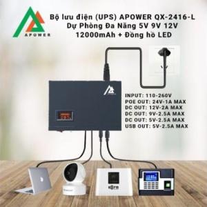 APOWER QX-2416-L UPS Mini, Bộ Lưu Điện 12000mAh, Nguồn Dự Phòng Đa Điện Áp 5V 9V 12V 24V, Có Màn Hình LED, Bảo Vệ Camera Wifi, Router Và Thiết Bị Điện Tử 24 Giờ Liên Tục