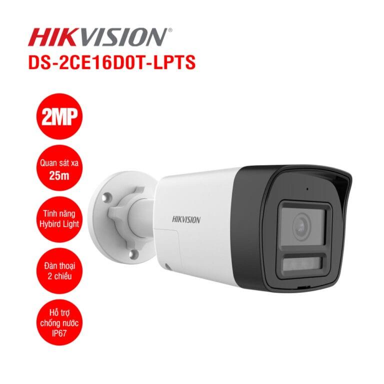 Hikvision DS-2CE16D0T-LPTS 1080P, Camera Trụ IP67, Đèn Trắng + Hồng Ngoại, Nghe Nói Qua Coax, Giám Sát Cửa Hàng