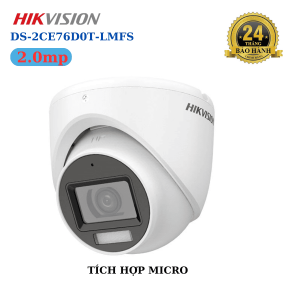 Hikvision DS-2CE76D0T LMFS Camera turret 2.0MP, Smart Hybrid Light ban đêm màu + IR, ống kính 2.8/3.6mm, mic qua cáp đồng trục, chống nước IP67, hỗ trợ 4 chuẩn tín hiệu